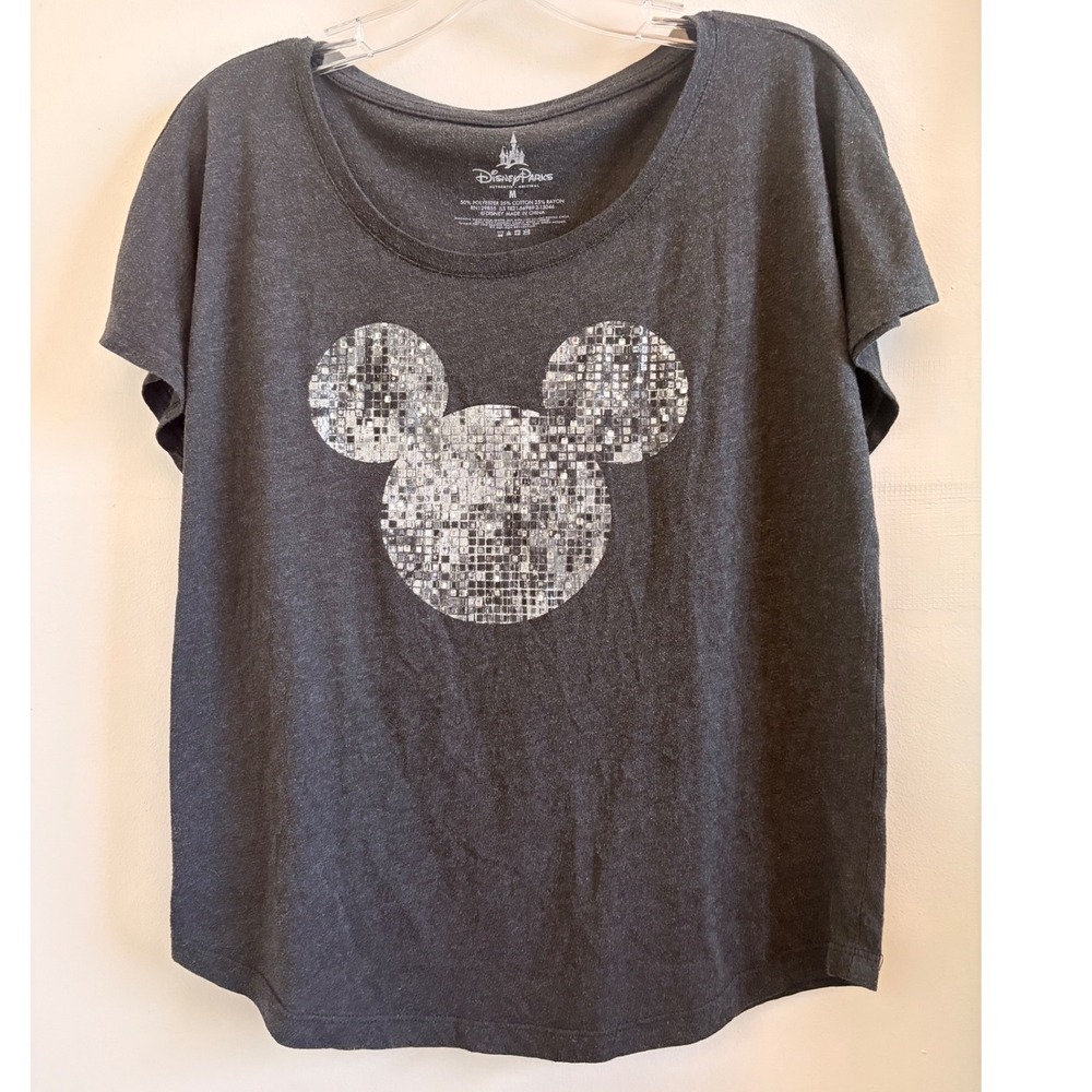 Disney Parks Mickey Mouse Disco Ball Graphic T-Shirt Charcoal Gray Rhinestone M